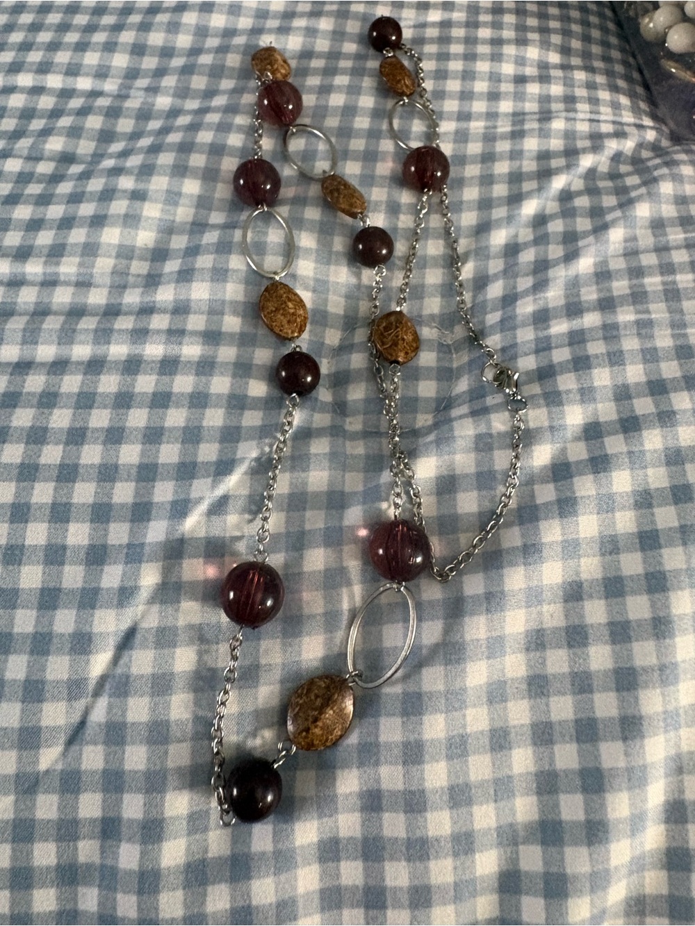 Elegant Multi-Bead Long Necklace in Purple, Brown and Silver